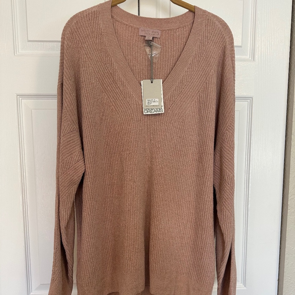 COPY - Barefoot Dreams V-Neck Pointelle Rib Pullover Sweater - Pink Clay 1X